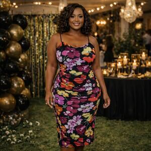 Boho Fitted Ruched Floral Bodycon Midi Dress Spaghetti Strap Size M | B. Darlin